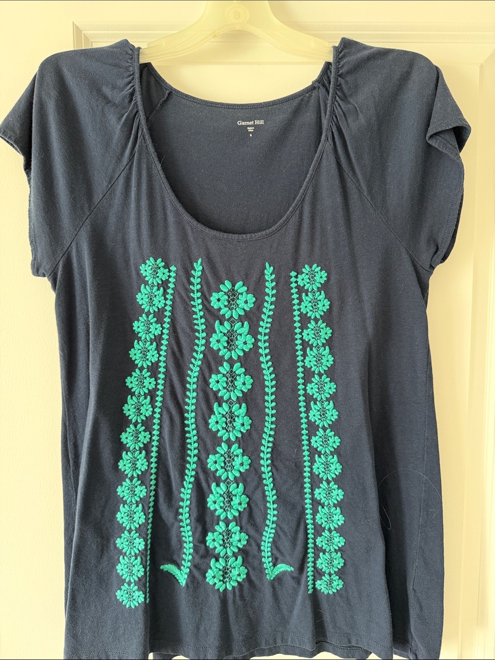 Garnet Hill Navy Scoop Tee with Teal Floral Embroidery
